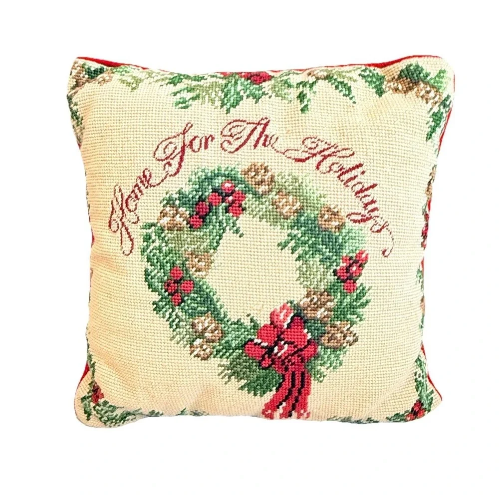Vintage Handmade Needlepoint Christmas Pillow Home For The Holidays 13x13